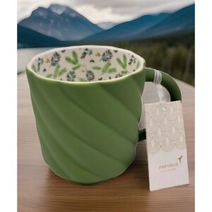 NWT PAPYRUS Mugs Set Of 2 Spiral Ribbed GREEN Sage Soft Touch Florals Interior
